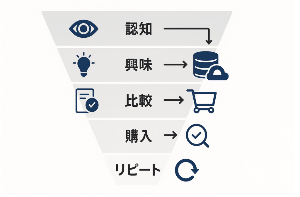 マーケティングファネルを表す図。認知、興味、比較、購入、リピートの5段階を示し、それぞれに目、電球、チェックリスト、カート、リピート矢印のアイコンが付いている